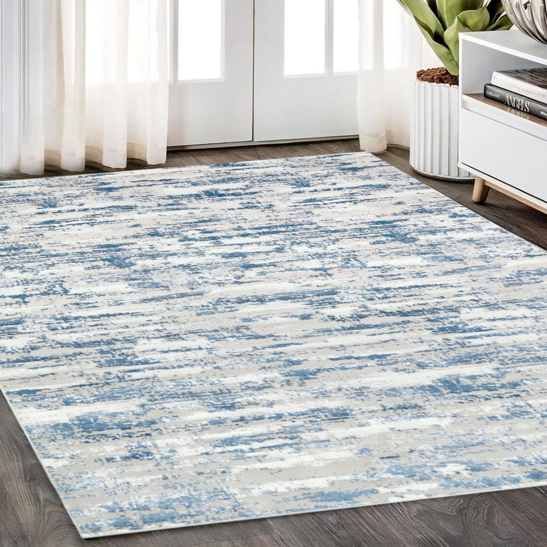 5' X 8' Blue and White Abstract Washable Non Skid Area Rug