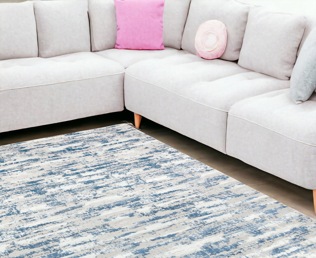 5' X 8' Blue and White Abstract Washable Non Skid Area Rug