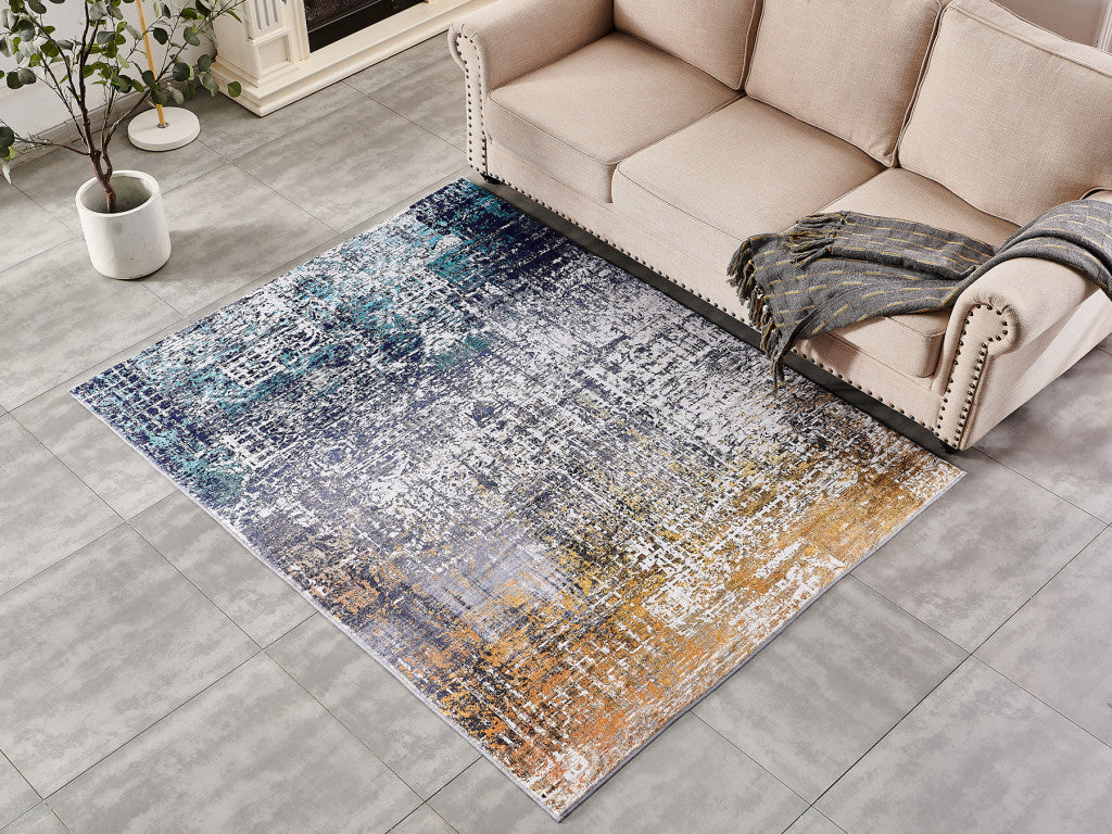 2' X 3' Blue and Silver Abstract Shag Printed Washable Non Skid Area Rug