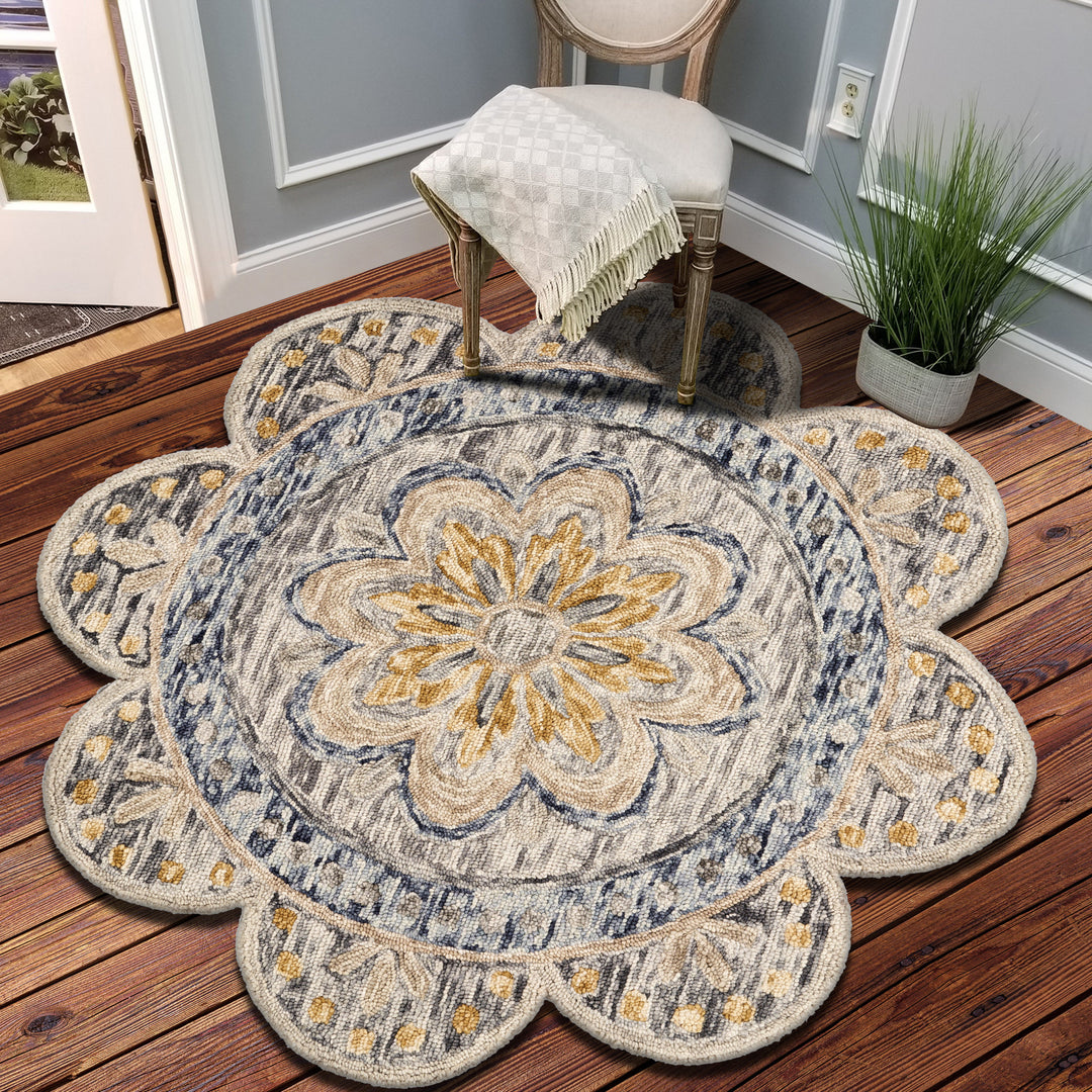 4' Beige Round Wool Floral Hand Tufted Area Rug