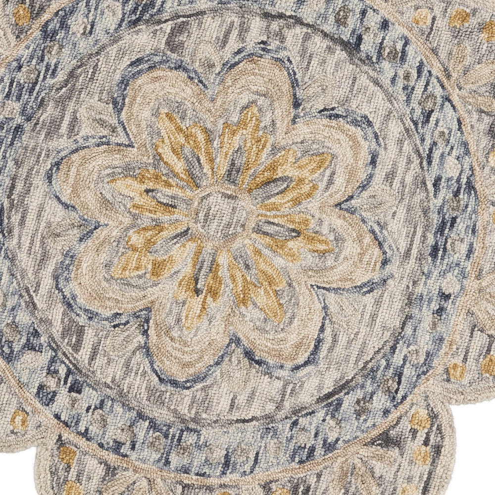 4' Beige Round Wool Floral Hand Tufted Area Rug