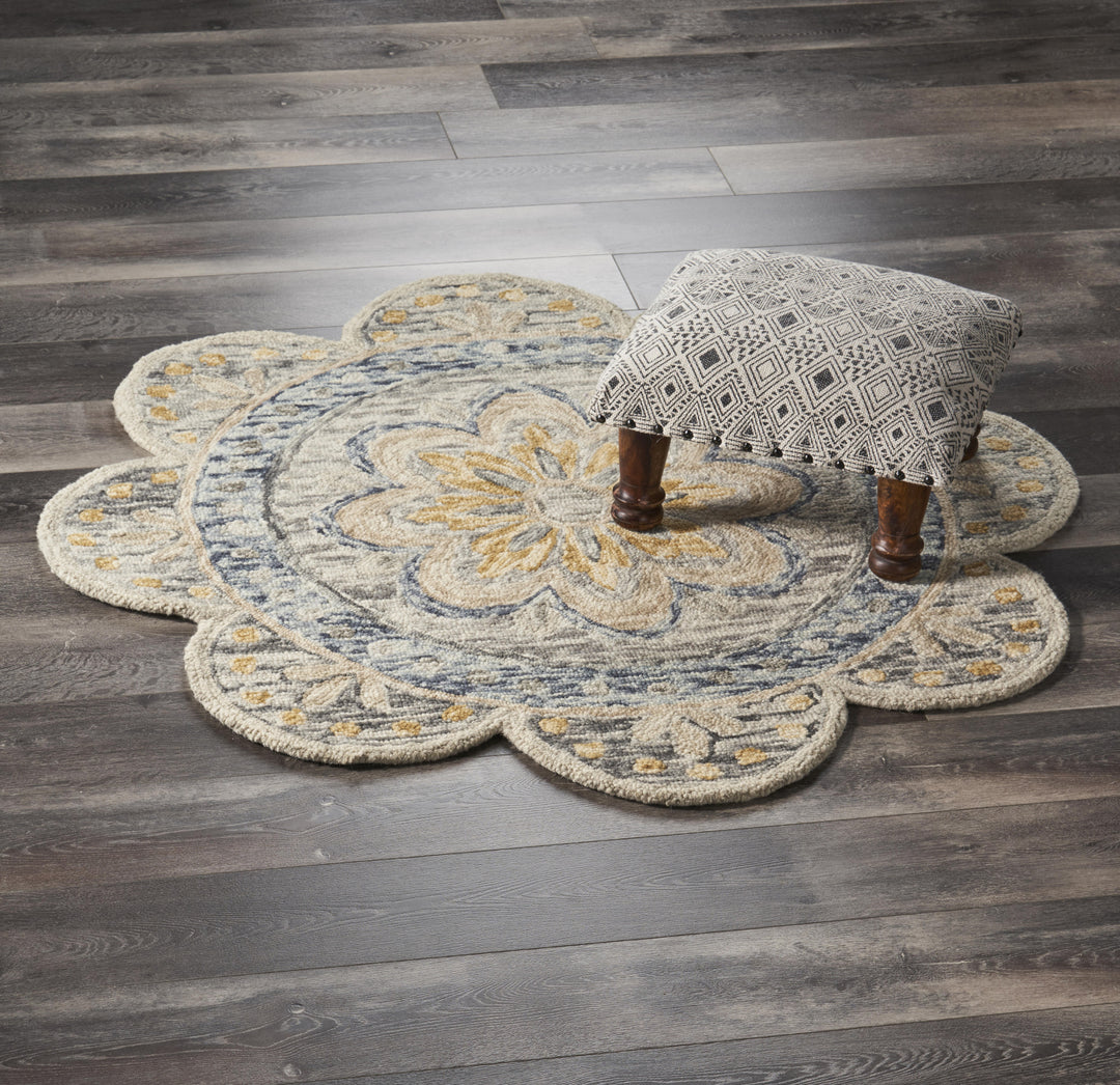 4' Beige Round Wool Floral Hand Tufted Area Rug