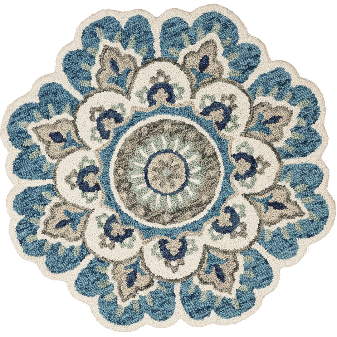 5' Blue and Ivory Round Wool Floral Hand Tufted Area Rug