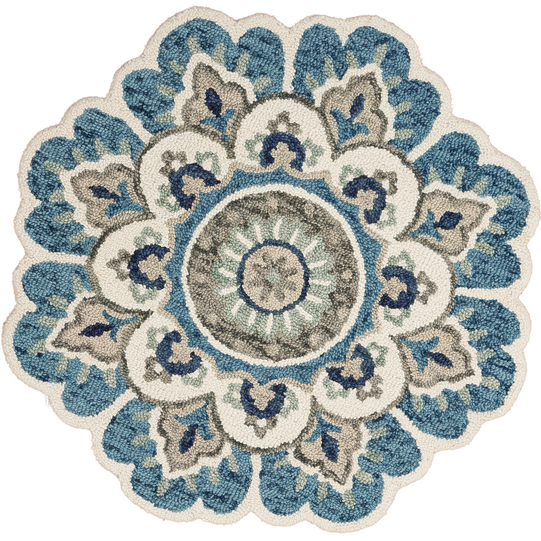 5' Blue and Ivory Round Wool Floral Hand Tufted Area Rug