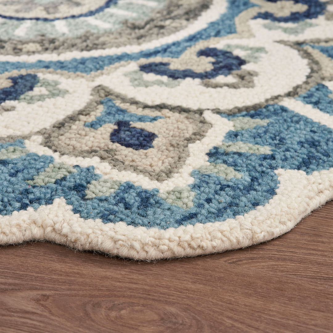 5' Blue and Ivory Round Wool Floral Hand Tufted Area Rug