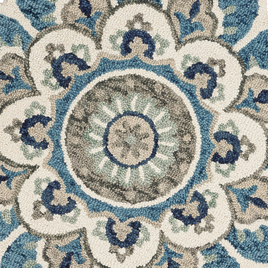 5' Blue and Ivory Round Wool Floral Hand Tufted Area Rug