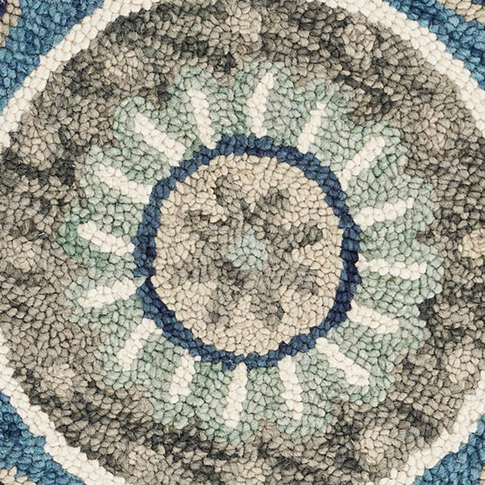 5' Blue and Ivory Round Wool Floral Hand Tufted Area Rug