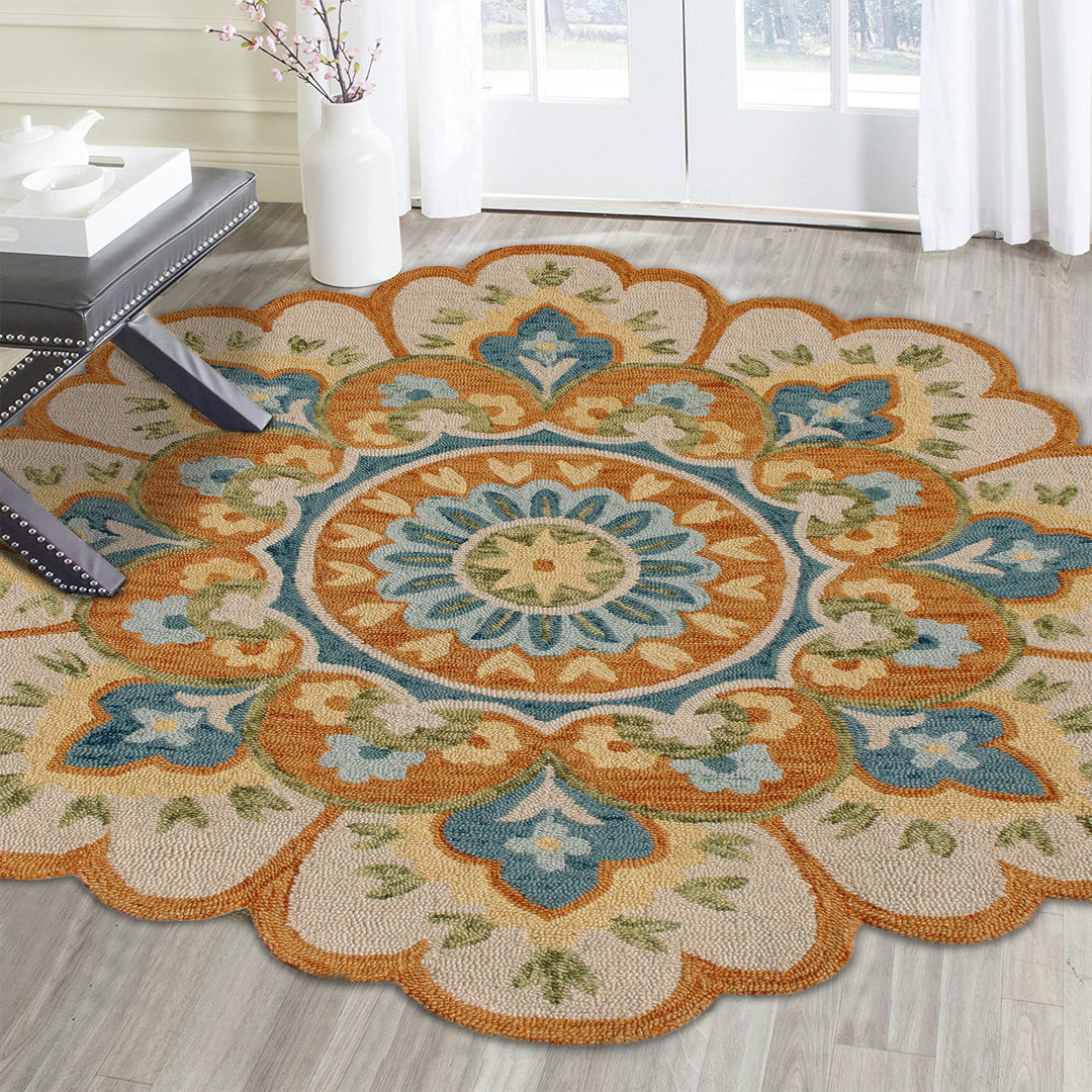 5' Blue and Ivory Round Wool Floral Hand Tufted Area Rug