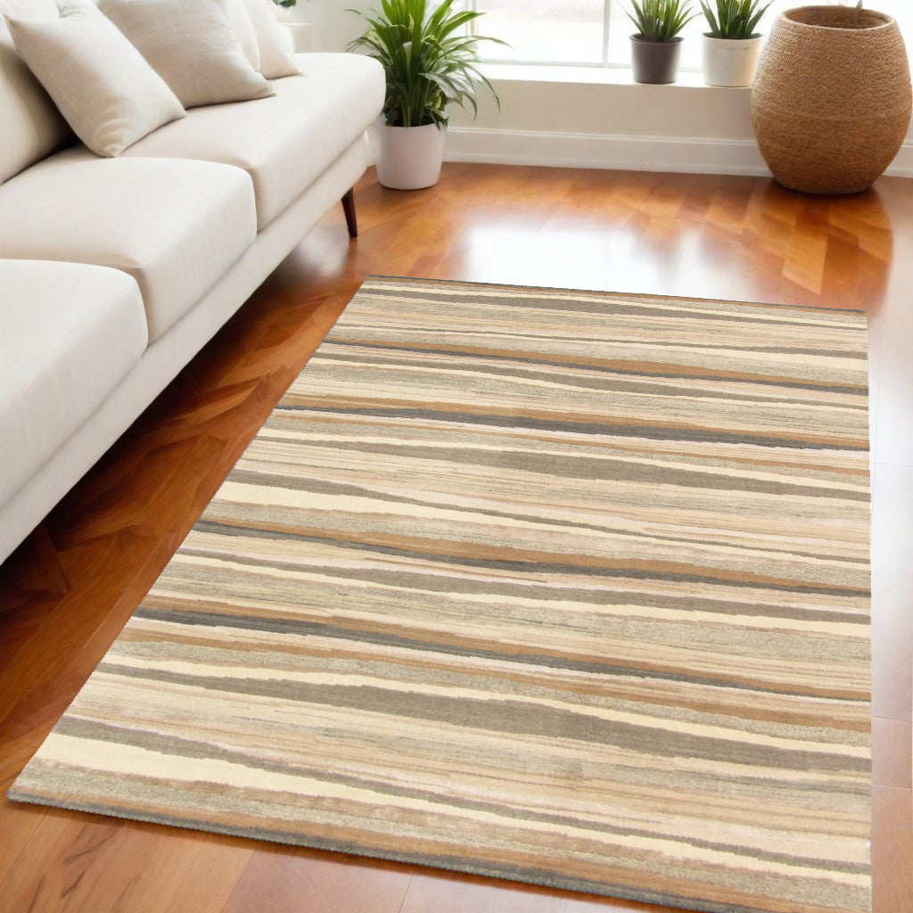 5' X 8' Beige and Brown Wool Striped Hand Loomed Area Rug