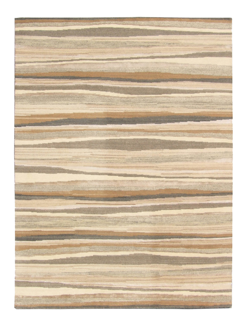 9' X 12' Beige and Brown Wool Abstract Stripe Hand Loomed Area Rug