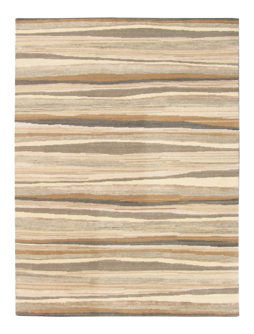 9' X 12' Beige and Brown Wool Abstract Stripe Hand Loomed Area Rug