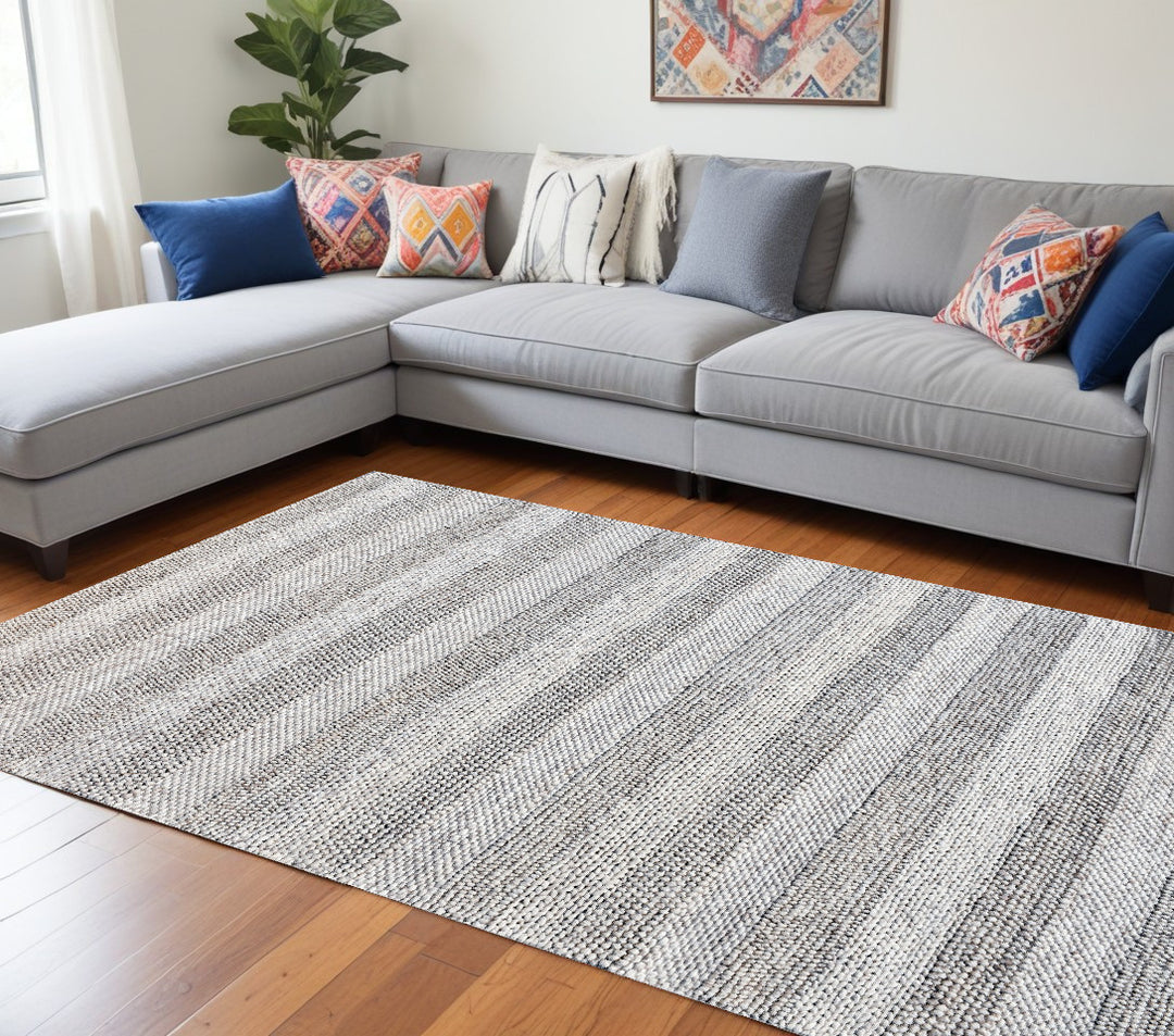 8' X 10' Beige and Gray Wool Blend Striped Hand Loomed Area Rug