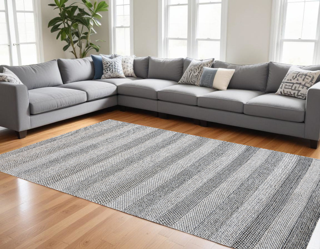 8' X 10' Beige and Gray Wool Blend Striped Hand Loomed Area Rug