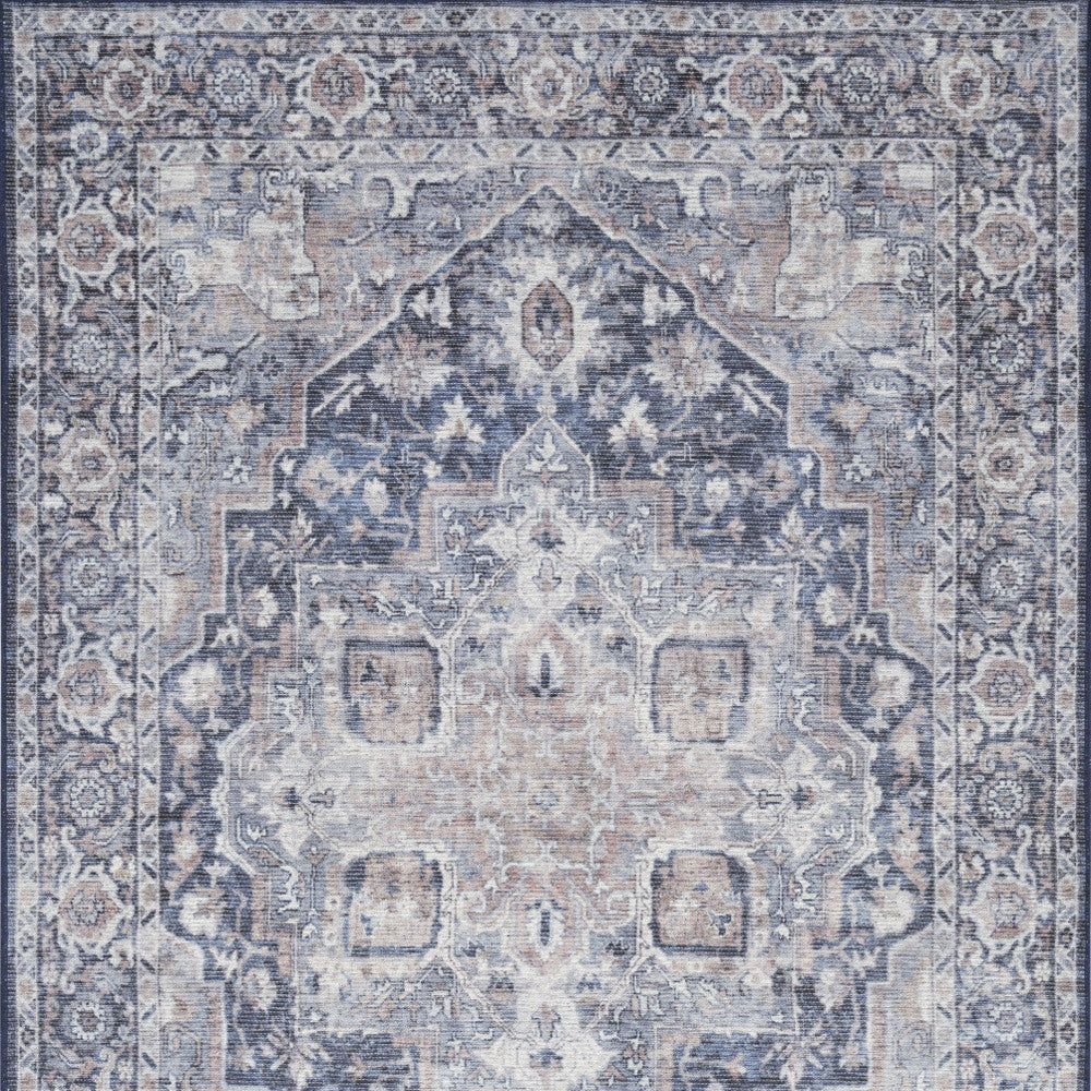 4' X 6' Ivory and Blue Floral Power Loom Distressed Area Rug