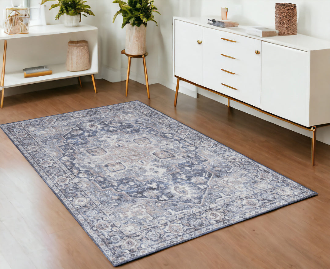 4' X 6' Ivory and Blue Floral Power Loom Distressed Area Rug