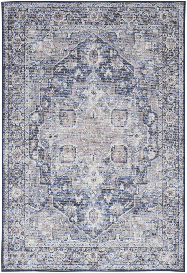 4' X 6' Ivory and Blue Floral Power Loom Distressed Area Rug