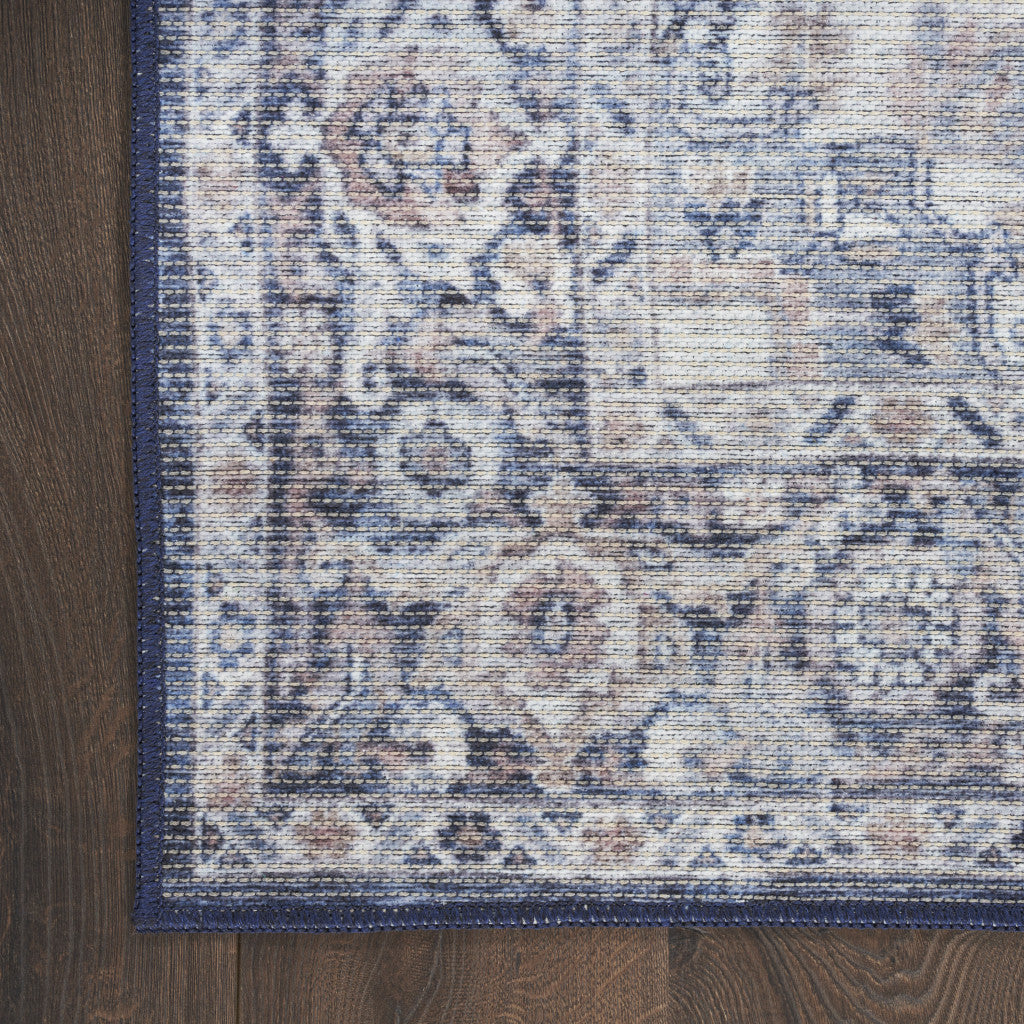 4' X 6' Ivory and Blue Floral Power Loom Distressed Area Rug