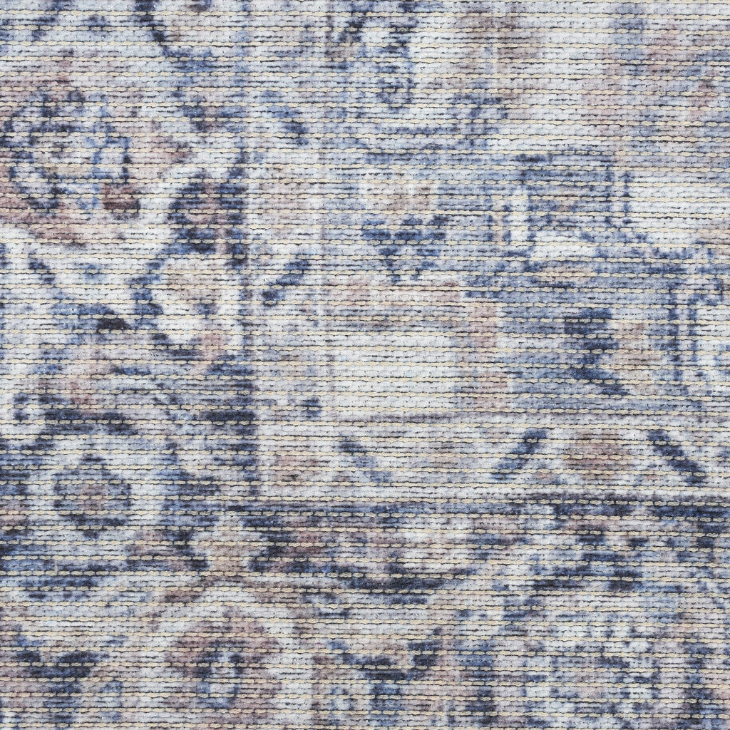 4' X 6' Ivory and Blue Floral Power Loom Distressed Area Rug