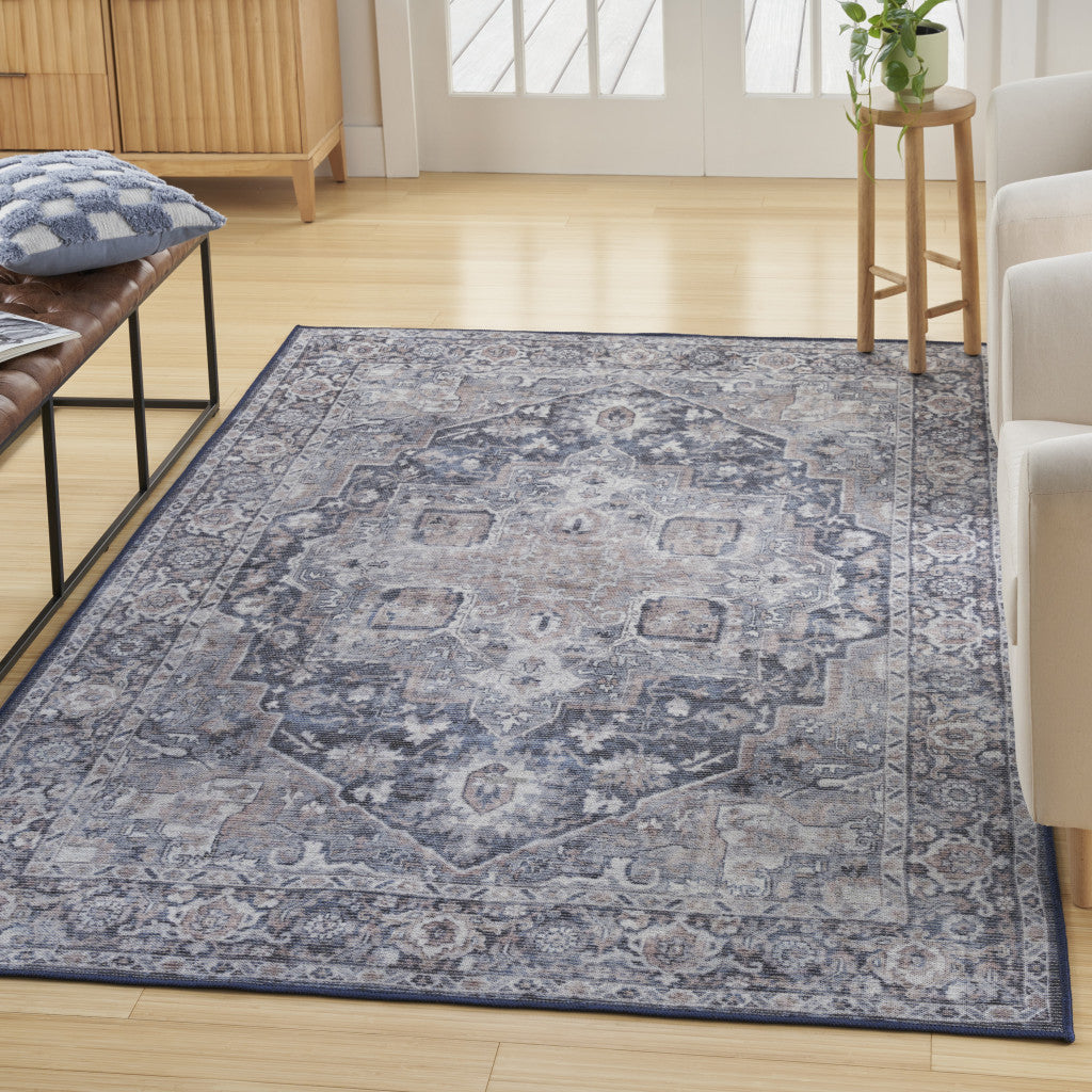 4' X 6' Ivory and Blue Floral Power Loom Distressed Area Rug