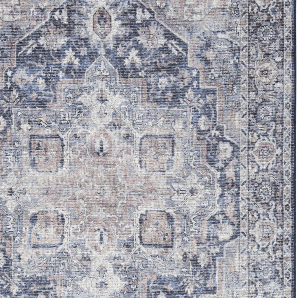 4' X 6' Ivory and Blue Floral Power Loom Distressed Area Rug