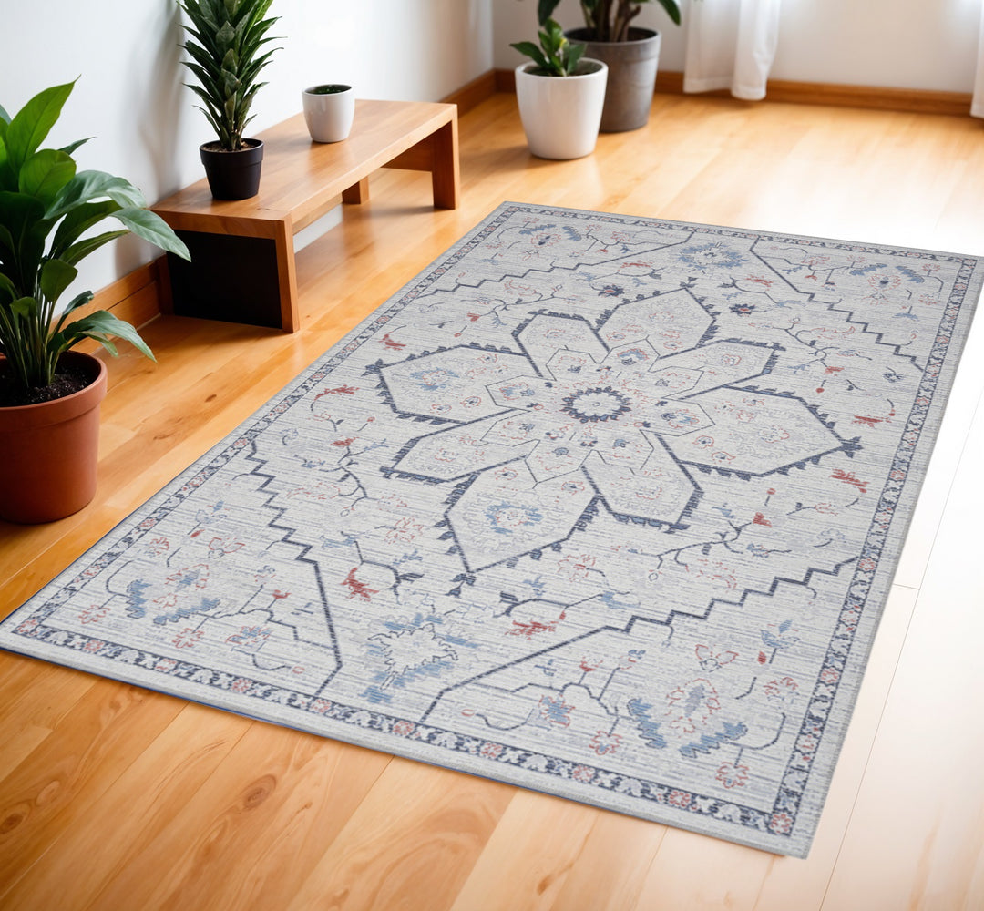 4' X 6' Ivory and Blue Floral Power Loom Area Rug