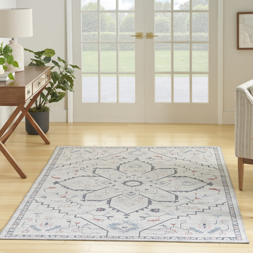 4' X 6' Ivory and Blue Floral Power Loom Area Rug