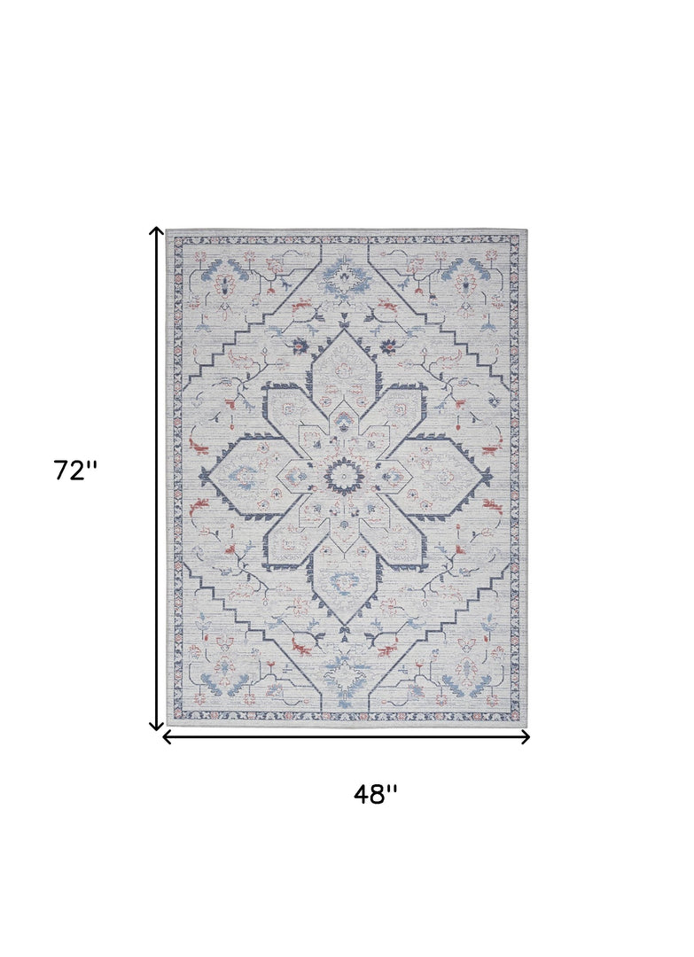 4' X 6' Ivory and Blue Floral Power Loom Area Rug