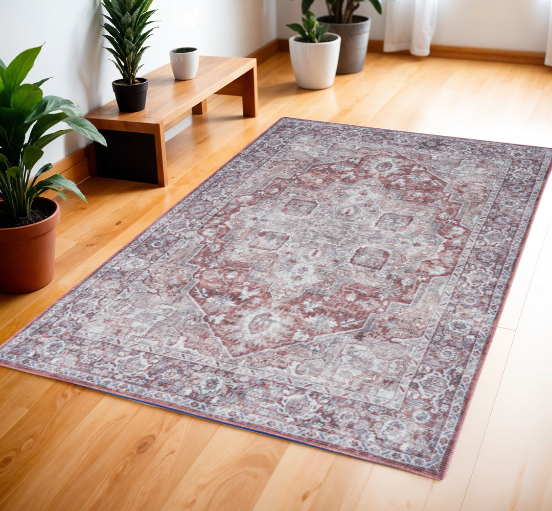 4' X 6' Gray and Red Floral Medallion Power Loom Distressed Area Rug