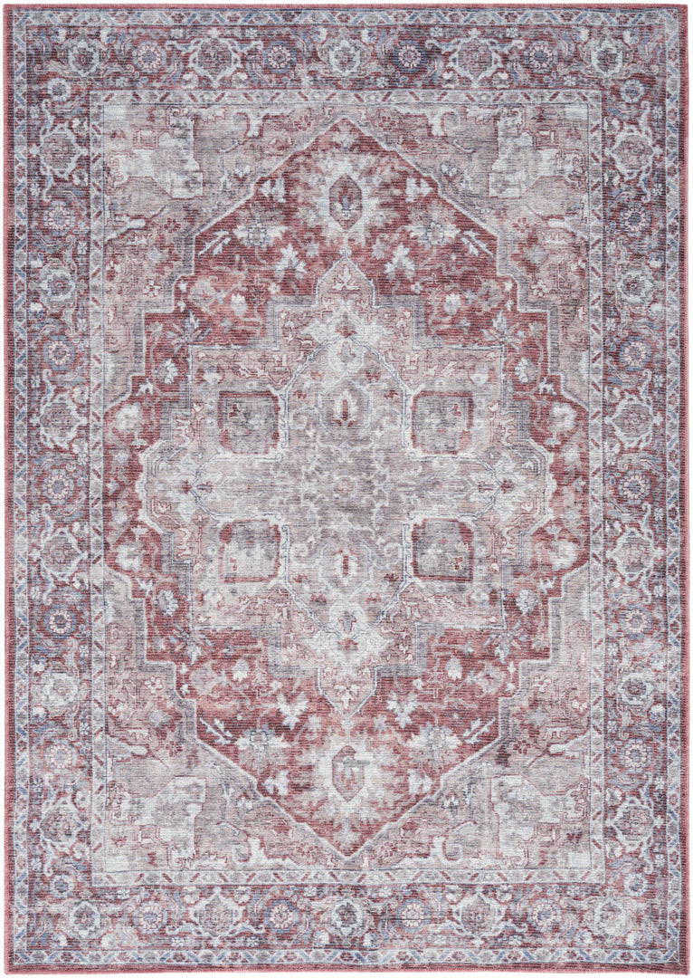 4' X 6' Gray and Red Floral Medallion Power Loom Distressed Area Rug