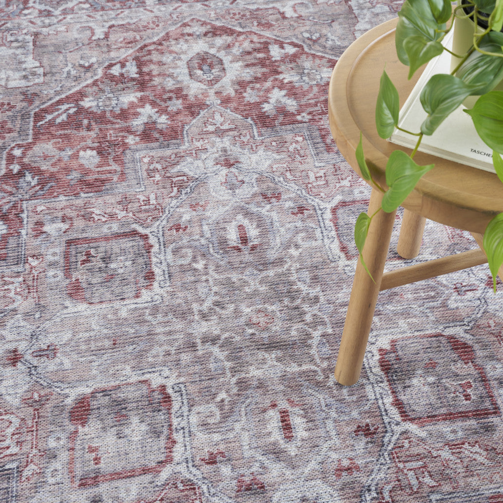 4' X 6' Gray and Red Floral Medallion Power Loom Distressed Area Rug