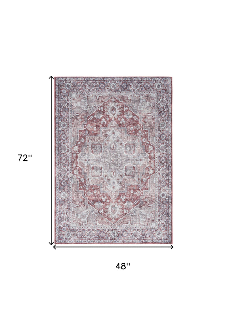 4' X 6' Gray and Red Floral Medallion Power Loom Distressed Area Rug