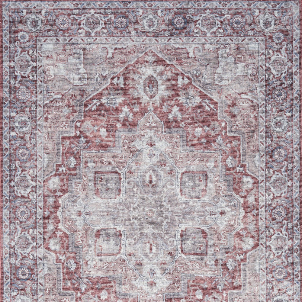 4' X 6' Gray and Red Floral Medallion Power Loom Distressed Area Rug