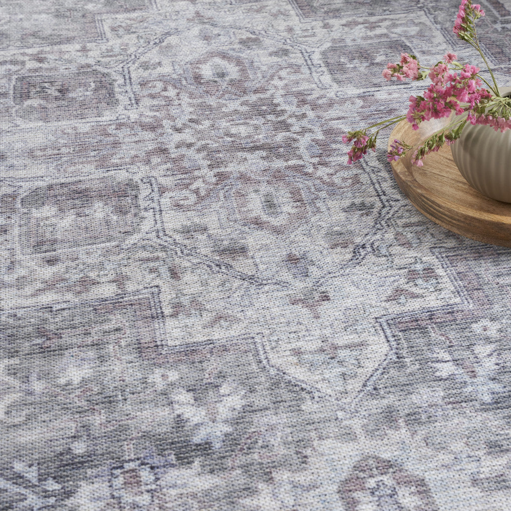 4' X 6' Ivory and Gray Floral Medallion Power Loom Distressed Area Rug