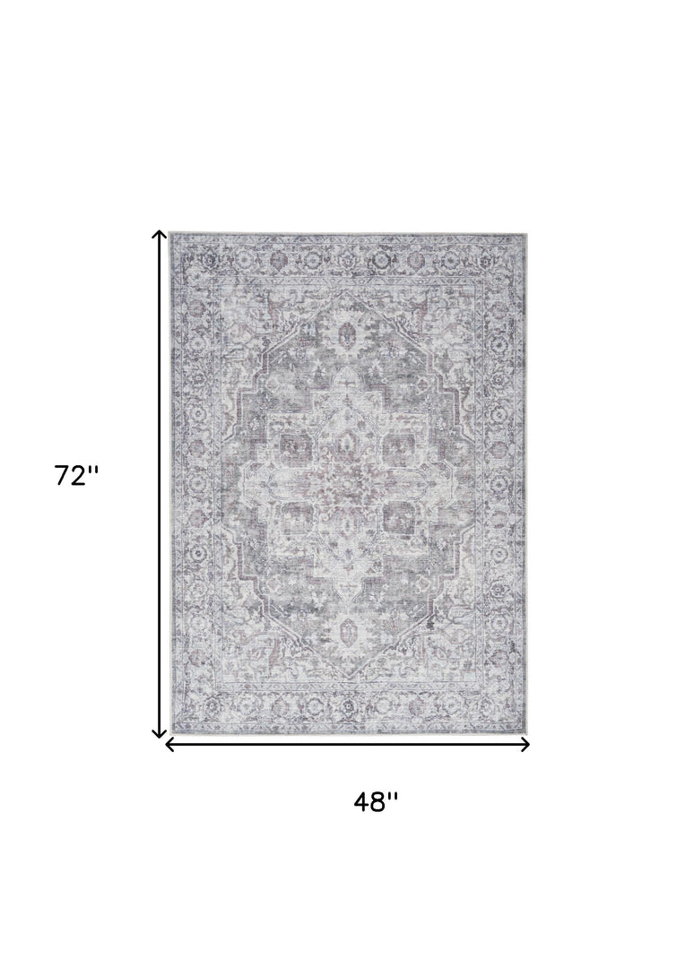 4' X 6' Ivory and Gray Floral Medallion Power Loom Distressed Area Rug