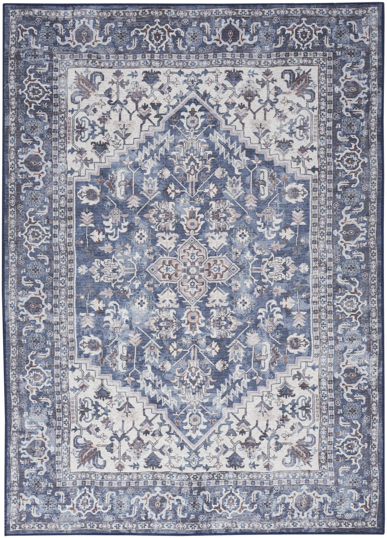 4' X 6' Blue and Ivory Floral Medallion Power Loom Distressed Area Rug