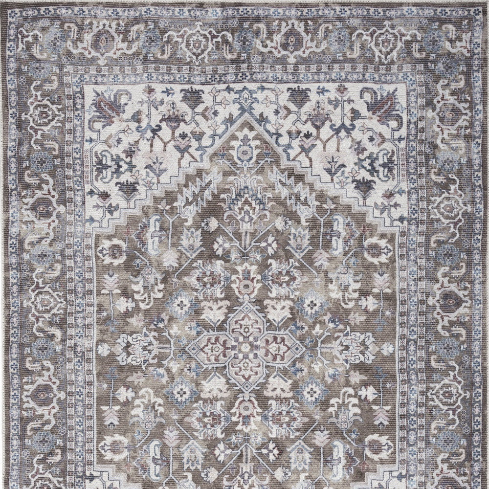 4' X 6' Green and Ivory Floral Medallion Power Loom Distressed Area Rug