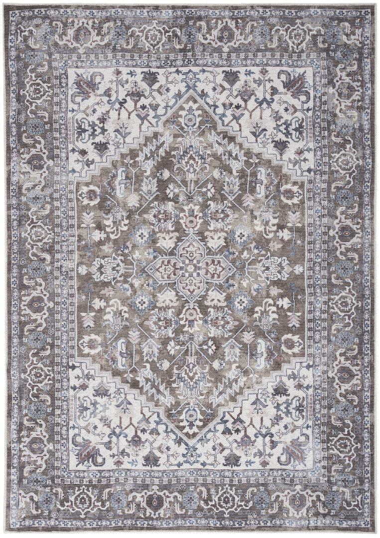 4' X 6' Green and Ivory Floral Medallion Power Loom Distressed Area Rug