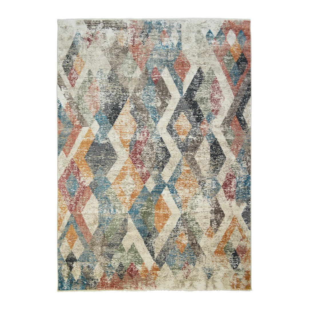 2' X 3' Beige Blue and Gray Geometric Distressed Area Rug With Fringe