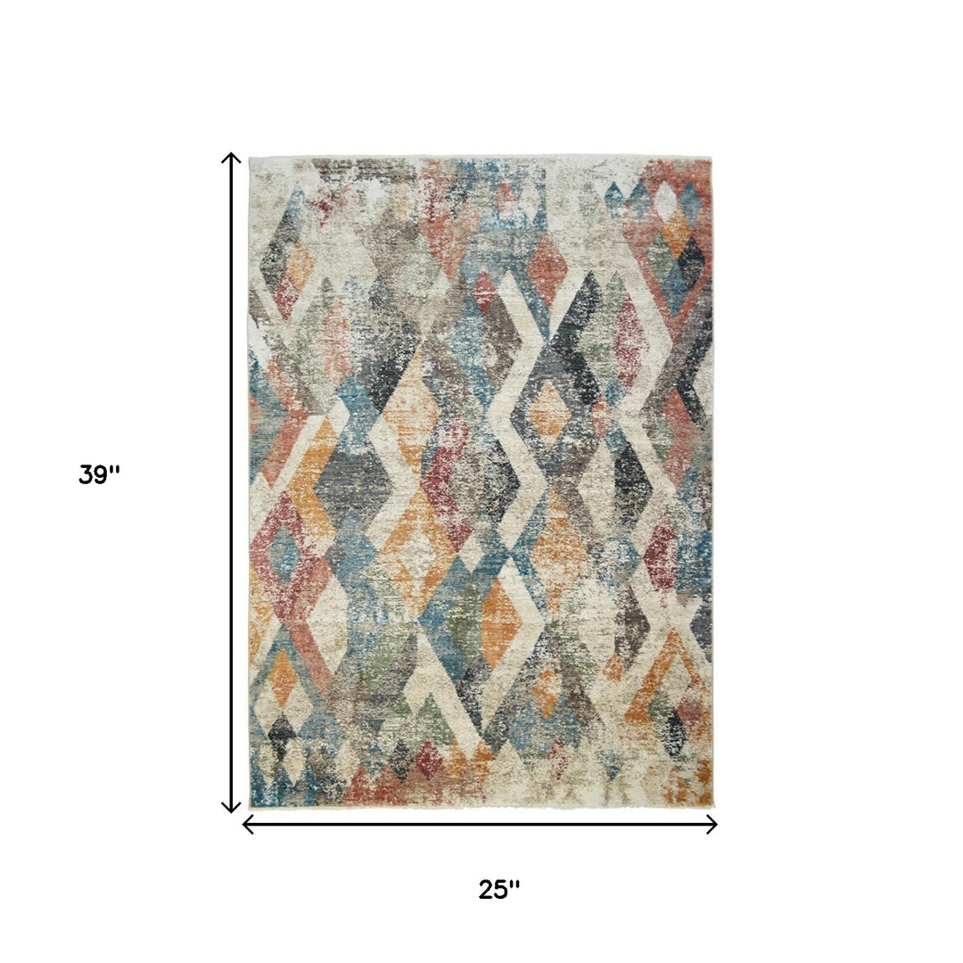 2' X 3' Beige Blue and Gray Geometric Distressed Area Rug With Fringe