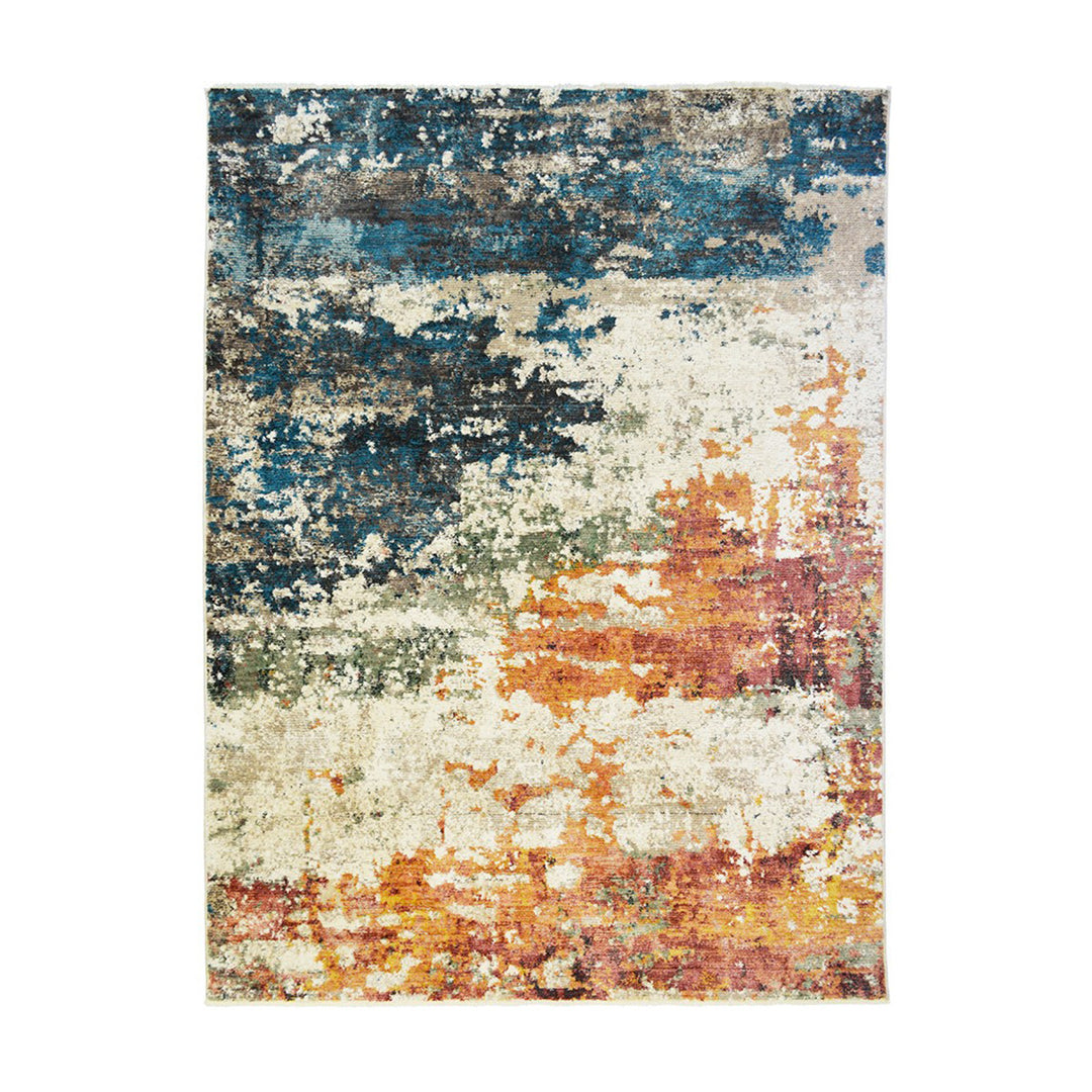 2' X 3' Beige Blue and Ivory Abstract Distressed Area Rug With Fringe