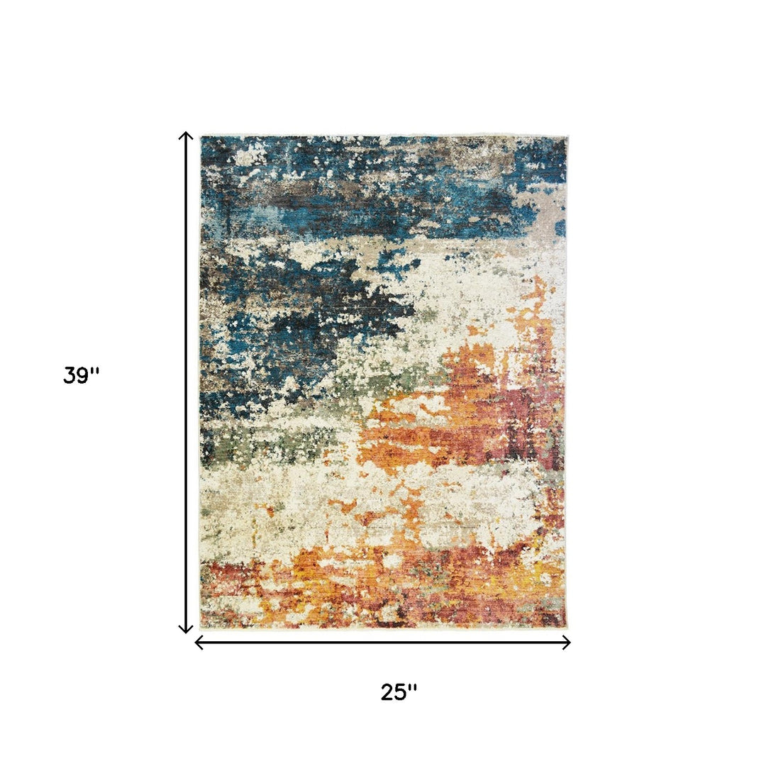 2' X 3' Beige Blue and Ivory Abstract Distressed Area Rug With Fringe