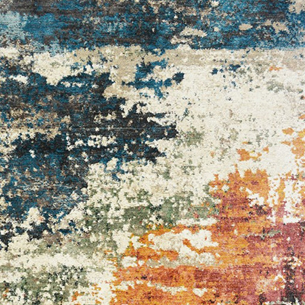 2' X 3' Beige Blue and Ivory Abstract Distressed Area Rug With Fringe