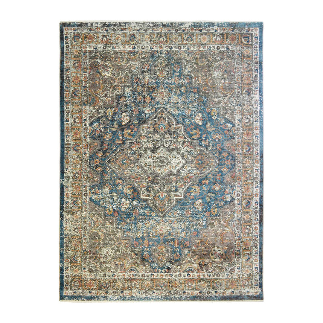 2' X 3' Blue and Brown Oriental Distressed Area Rug With Fringe