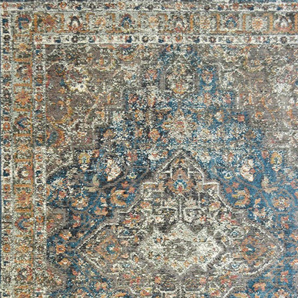 2' X 3' Blue and Brown Oriental Distressed Area Rug With Fringe