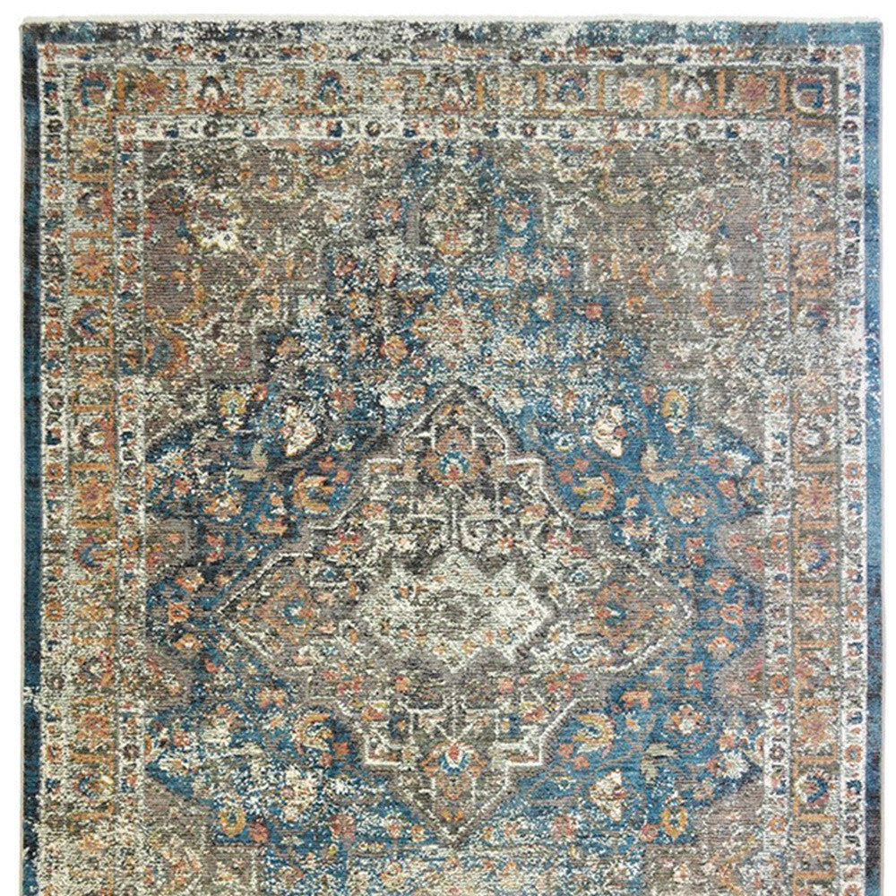 2' X 3' Blue and Brown Oriental Distressed Area Rug With Fringe