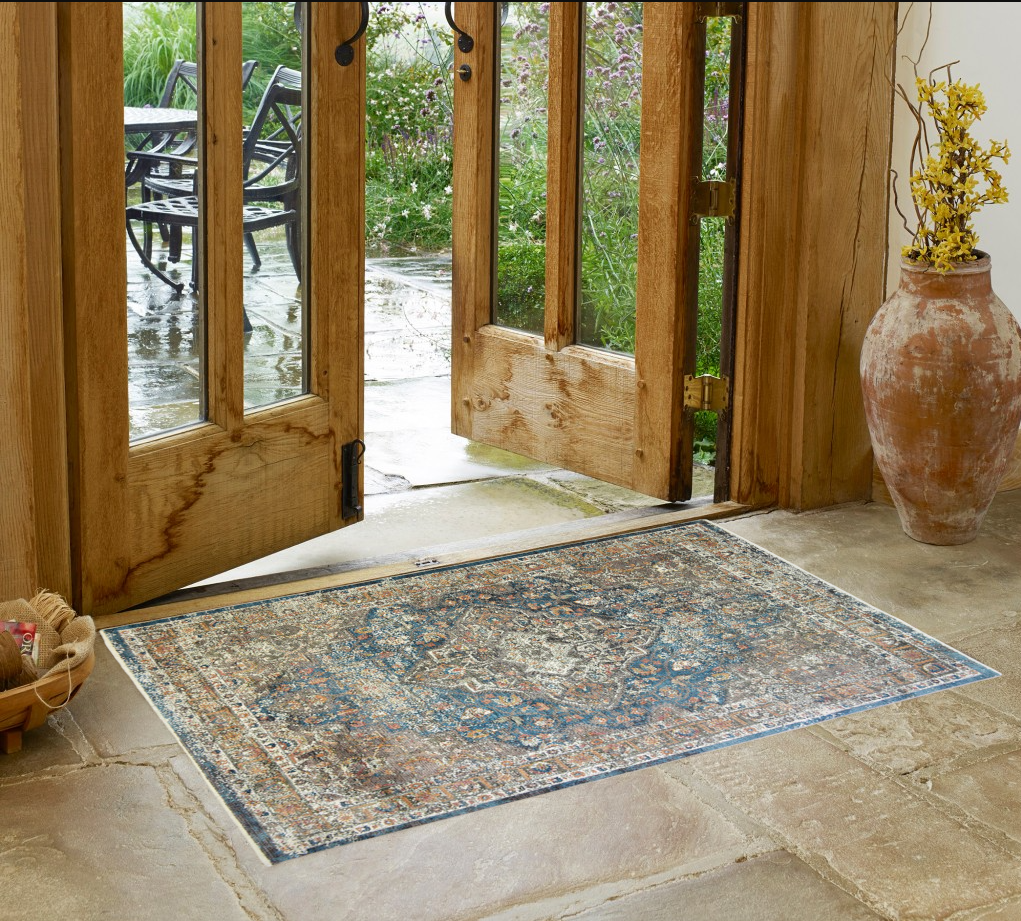 2' X 3' Blue and Brown Oriental Distressed Area Rug With Fringe