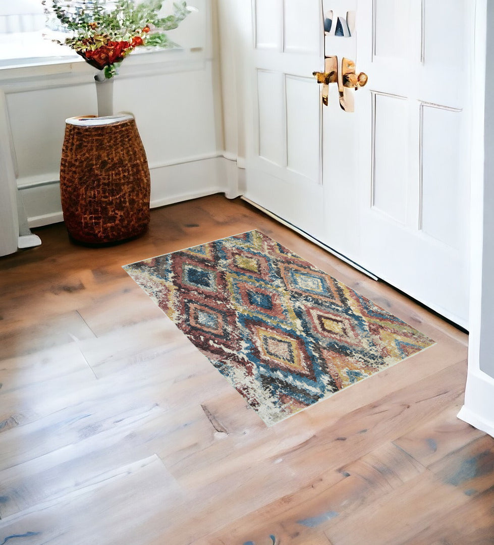 2' X 3' Blue Geometric Distressed Area Rug With Fringe