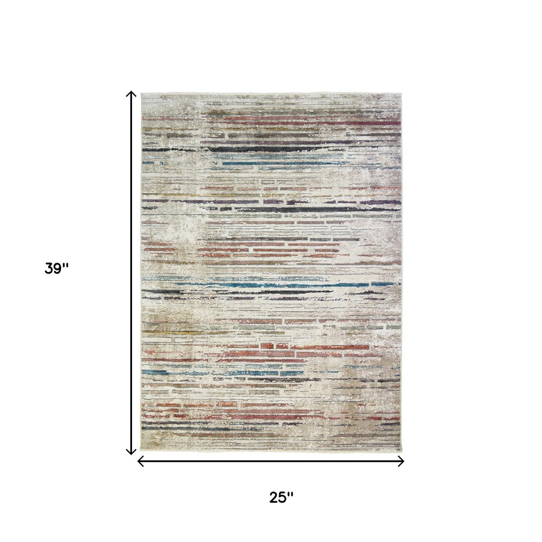 2' X 3' Beige Geometric Distressed Area Rug With Fringe