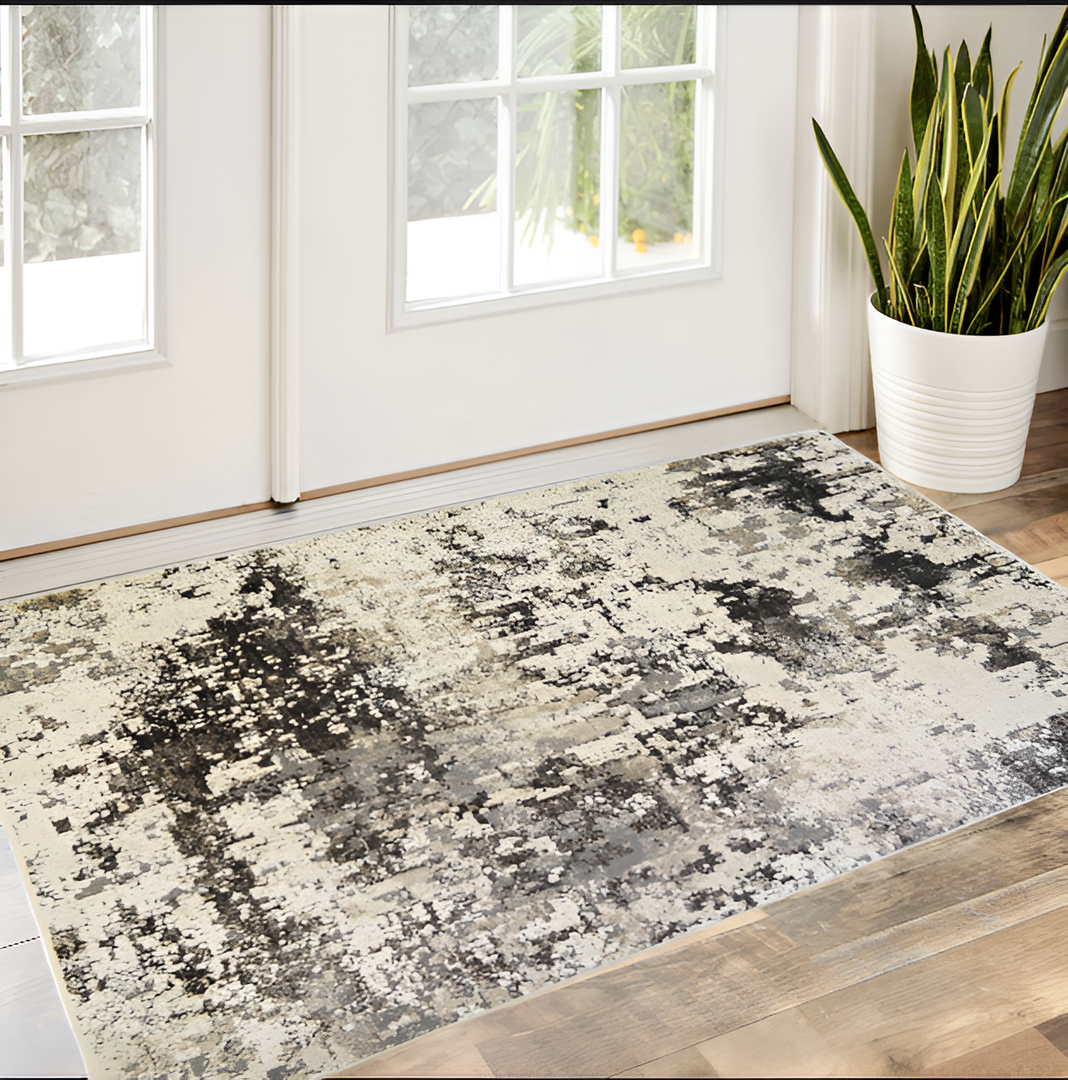 2' X 3' Black Abstract Distressed Area Rug With Fringe