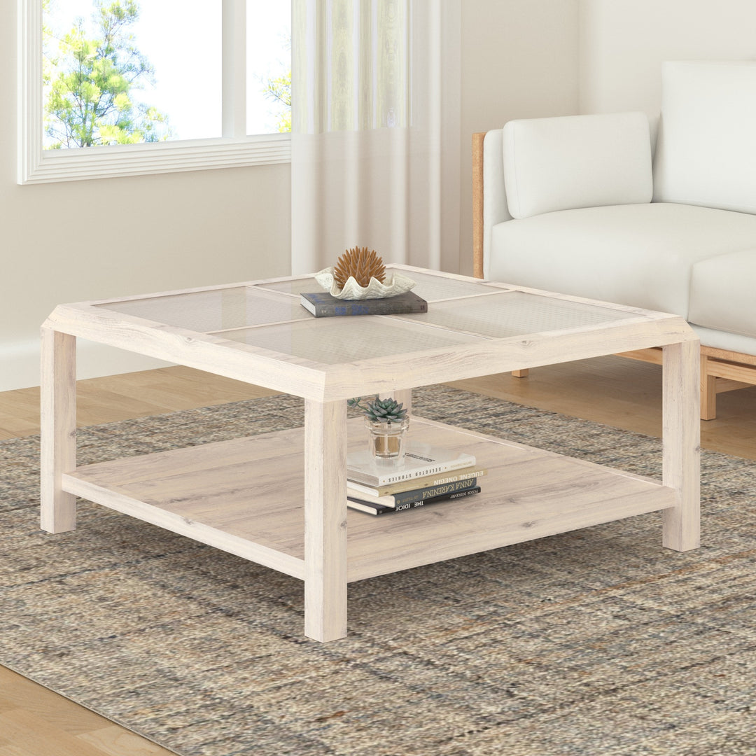 40-Inch Clear and White Glass and Solid Wood Square Coffee Table with Shelf